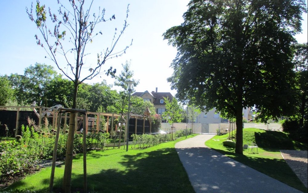 Fertige Parkanlage mit Weg, Rasenflächen und jungen Bäumen
